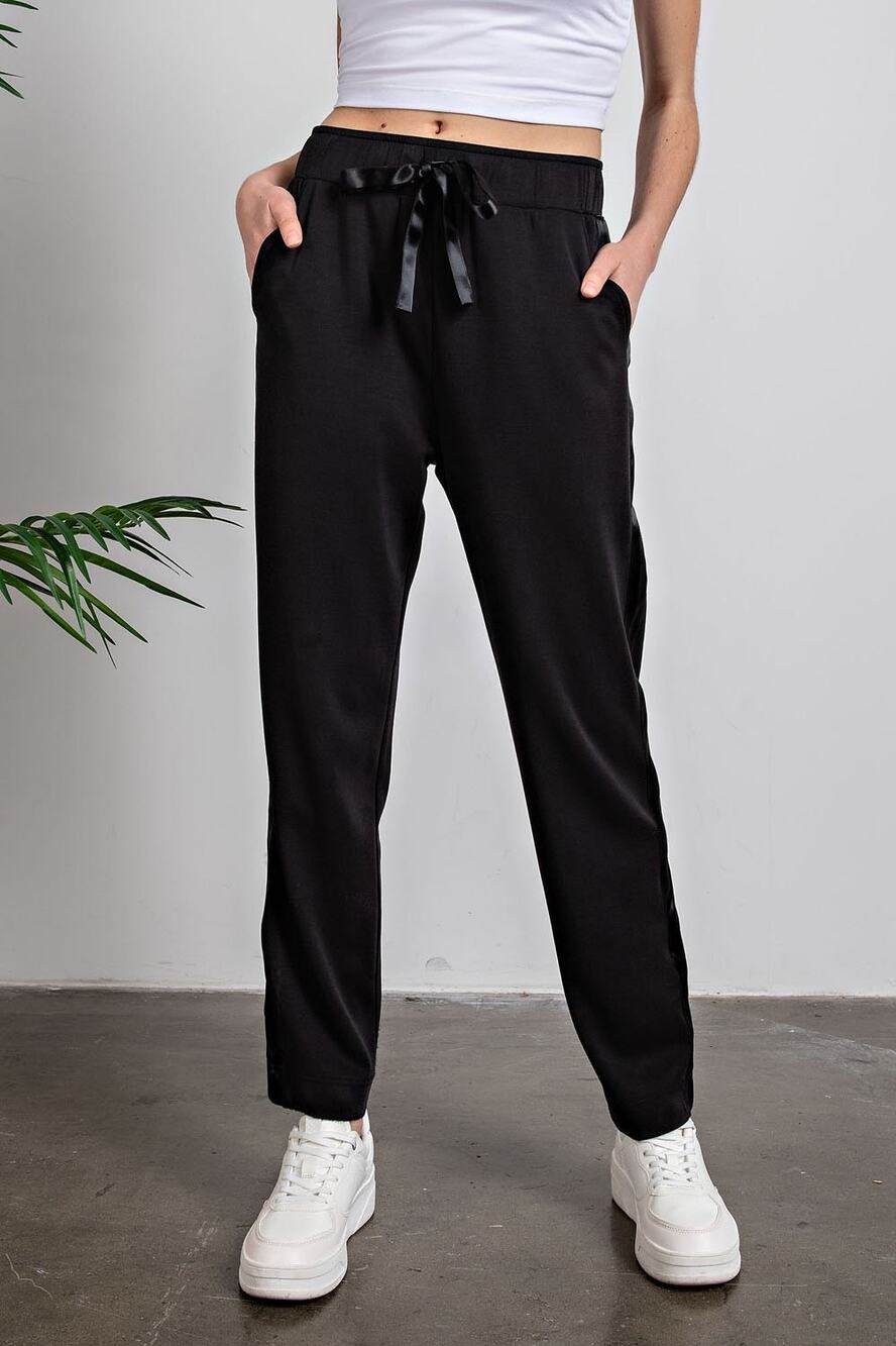 RAE MODE Pants LARGE Butter Soft Side Satin Joggers Black Satin Trim Pockets